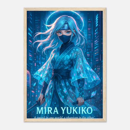 MIRA YUKIKO Poster im hellbraunen Holzrahmen – leuchtende Anime-Kriegerin in blauem Licht, mystische japanische Kunst mit Anmut und Stärke. Premium-Druck von Defa Designs.