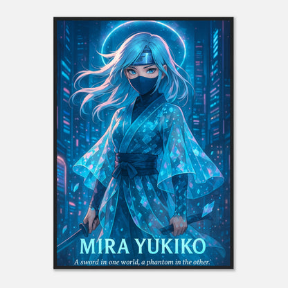 MIRA YUKIKO Poster im schwarzen Rahmen – elegante Anime-Kriegerin mit leuchtendem Schwert, intensives japanisches Kunstwerk in Blau. Defa Designs.
