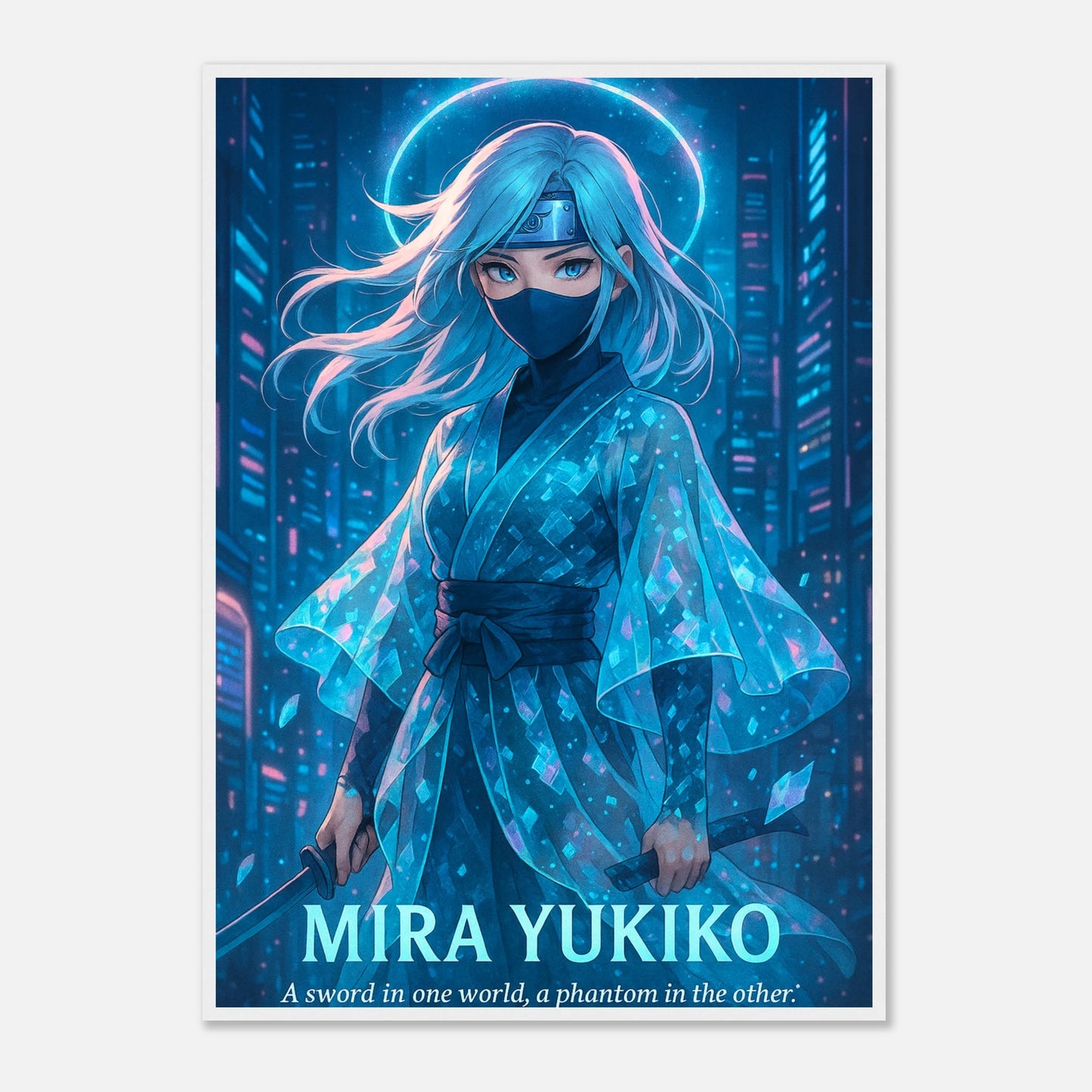 MIRA YUKIKO Poster im weißen Rahmen – Samurai-Heldin in blauem Mondlicht, leuchtendes Anime-Wandbild mit mystischer Energie. Defa Designs Premium Art.