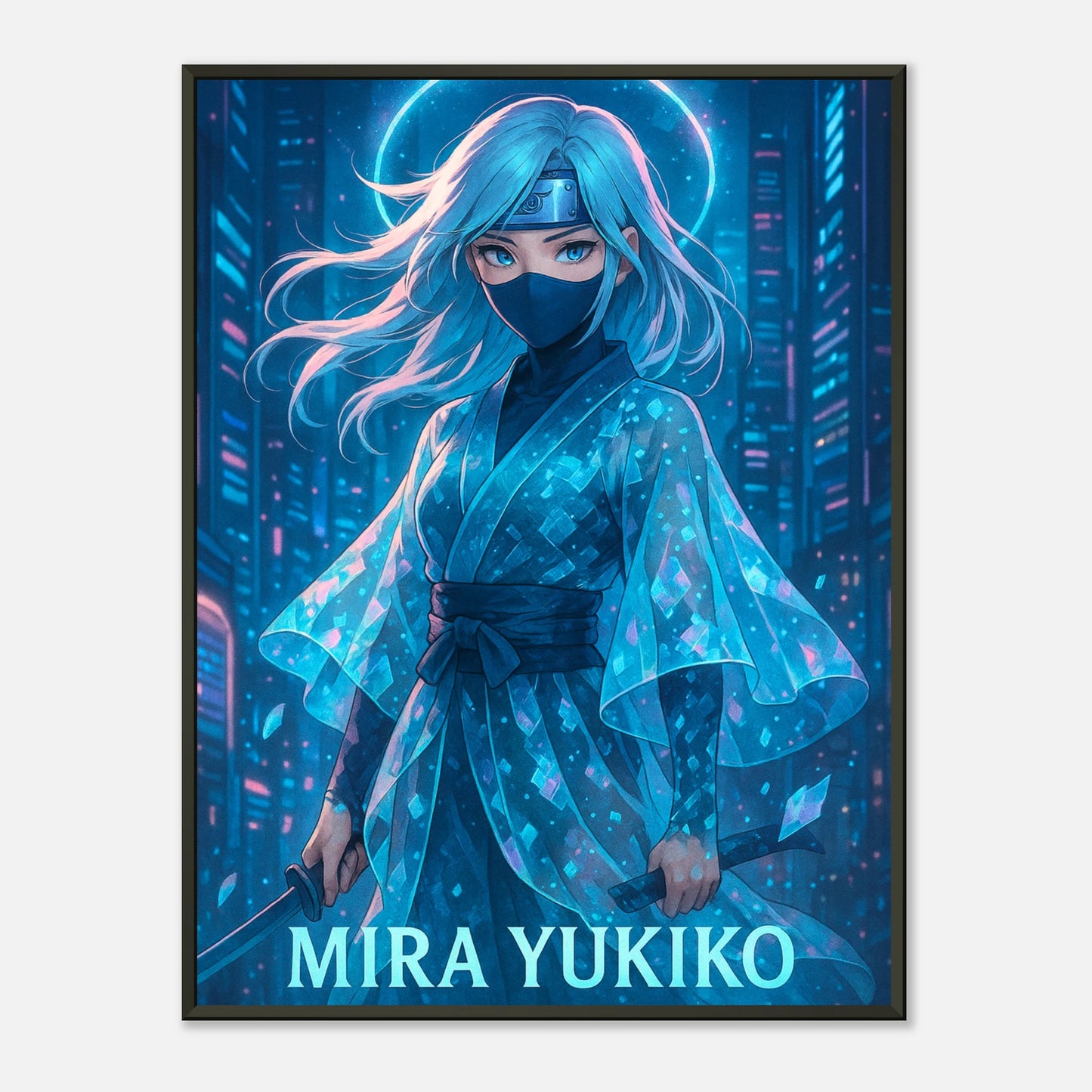 Mira Yukiko Cyber Samurai Poster in blau – futuristische Anime Ninja Wandkunst mit schwarzem Metallrahmen – Defa Designs