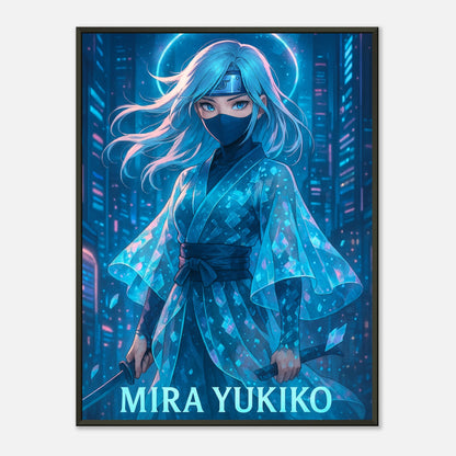 Mira Yukiko Cyber Samurai Poster in blau – futuristische Anime Ninja Wandkunst mit schwarzem Metallrahmen – Defa Designs