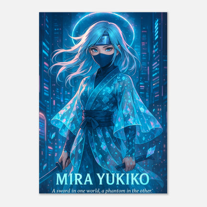 Anime Wall Art Poster – MIRA YUKIKO Blade of the Hidden Light in blauem Design, modernes japanisches Kunstmotiv