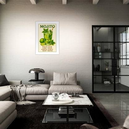 Mojito – Fresh & Classic Poster im dunklen Wohnzimmer, tropisches Cocktail-Kunstwerk mit Limetten und Minze, stilvolle Wanddekoration für Bars und moderne Räume – von Defa Designs.
