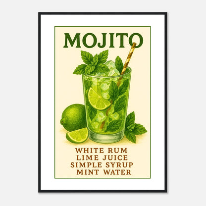 Mojito – Fresh & Classic Wandposter im schwarzen Rahmen, elegante Cocktail-Illustration mit Minzblättern und Limette, moderne Wanddekoration für Cocktailbars – von Defa Designs.