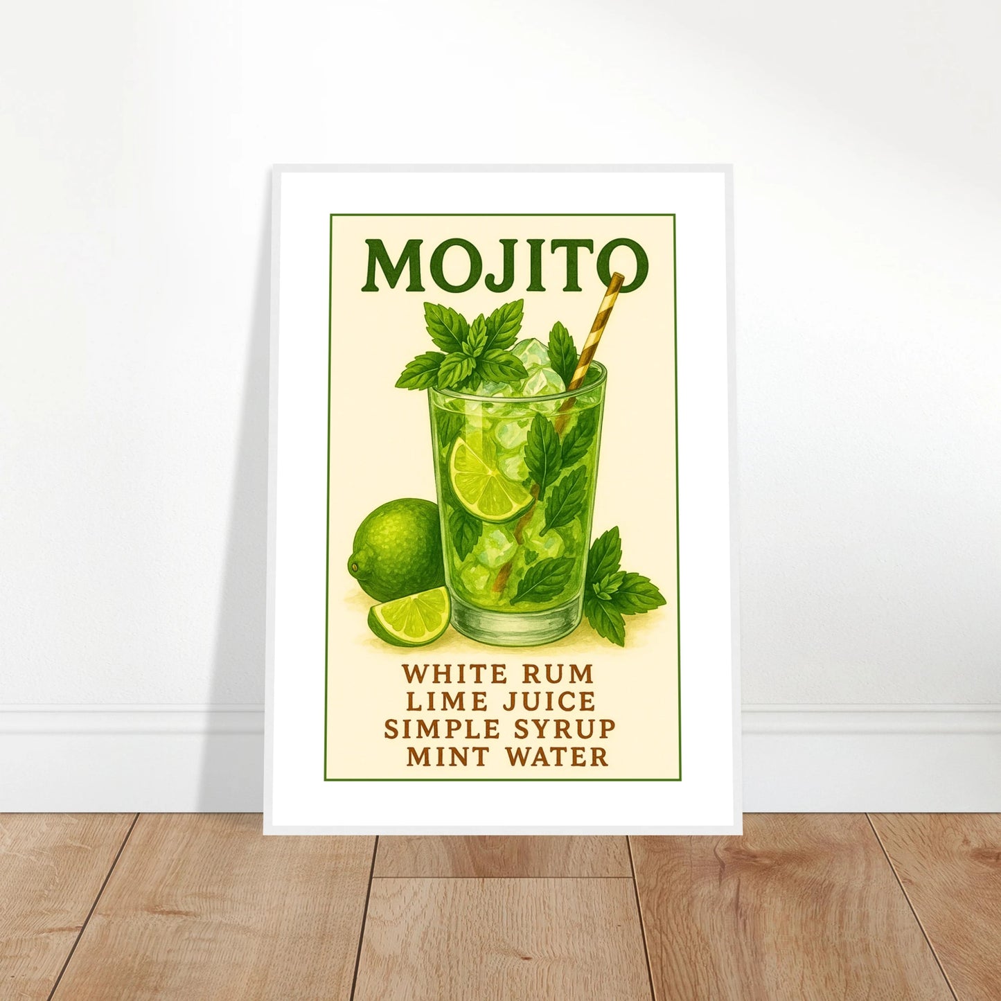 Mojito – Fresh & Classic Cocktailposter an die Wand gelehnt, sommerliches Wandbild mit Minze und Limette, perfekt für Bar, Esszimmer oder Küche – von Defa Designs.