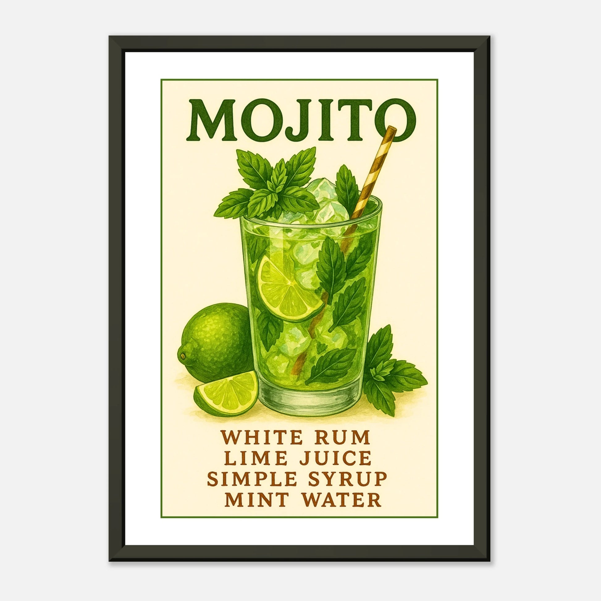 Front view mojito cocktail recipe wall art poster in elegant black metal frame – modern bar wall decor