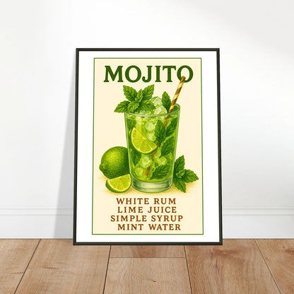 Mojito cocktail wall art poster leaning on wall in black metal frame – kitchen and bar decor mockup