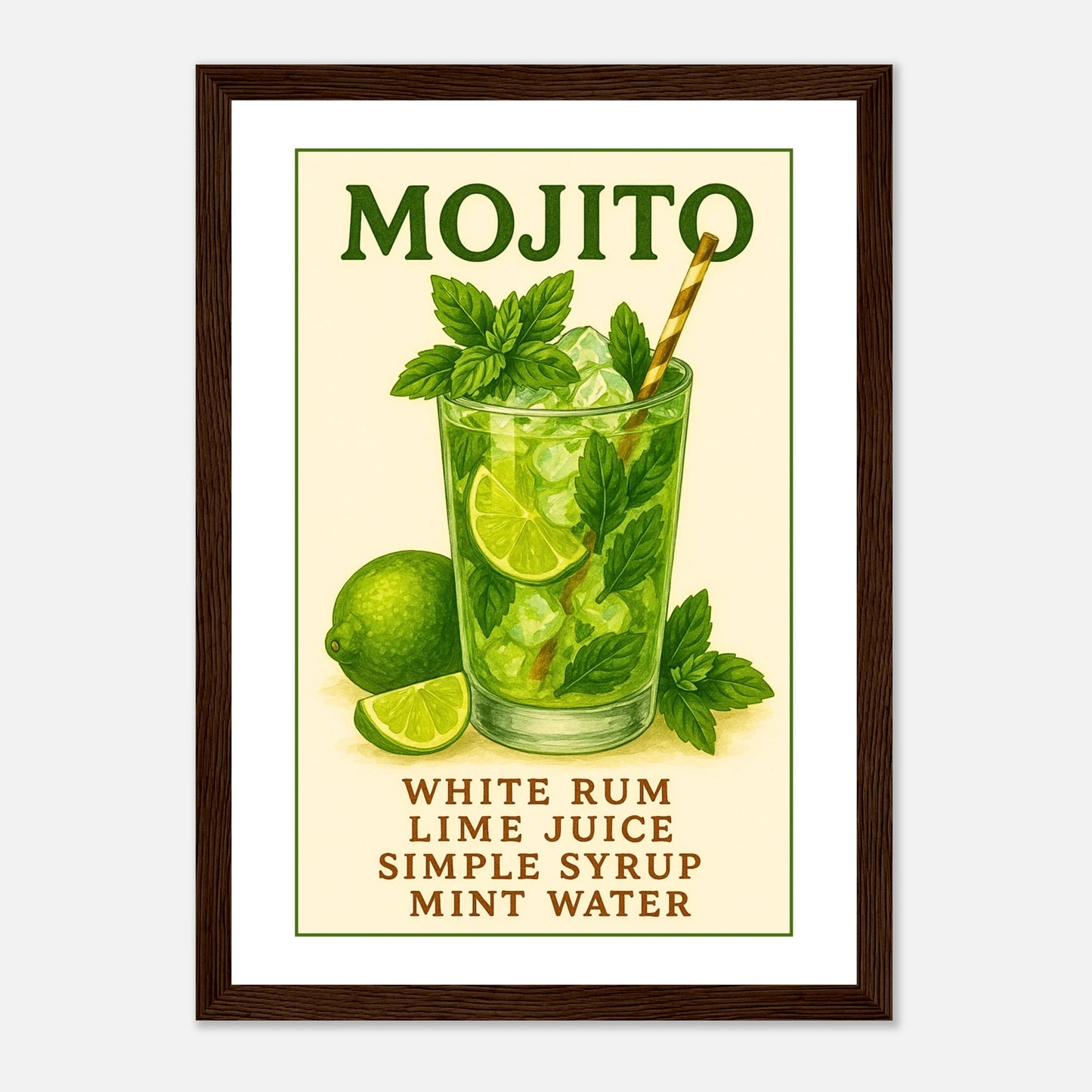 Mojito Poster im dunkelbraunen Rahmen, tropischer Cocktail mit Minze und Limetten, dekoratives Wandbild für Küche oder Bar – hochwertiger Kunstdruck von Defa Designs.