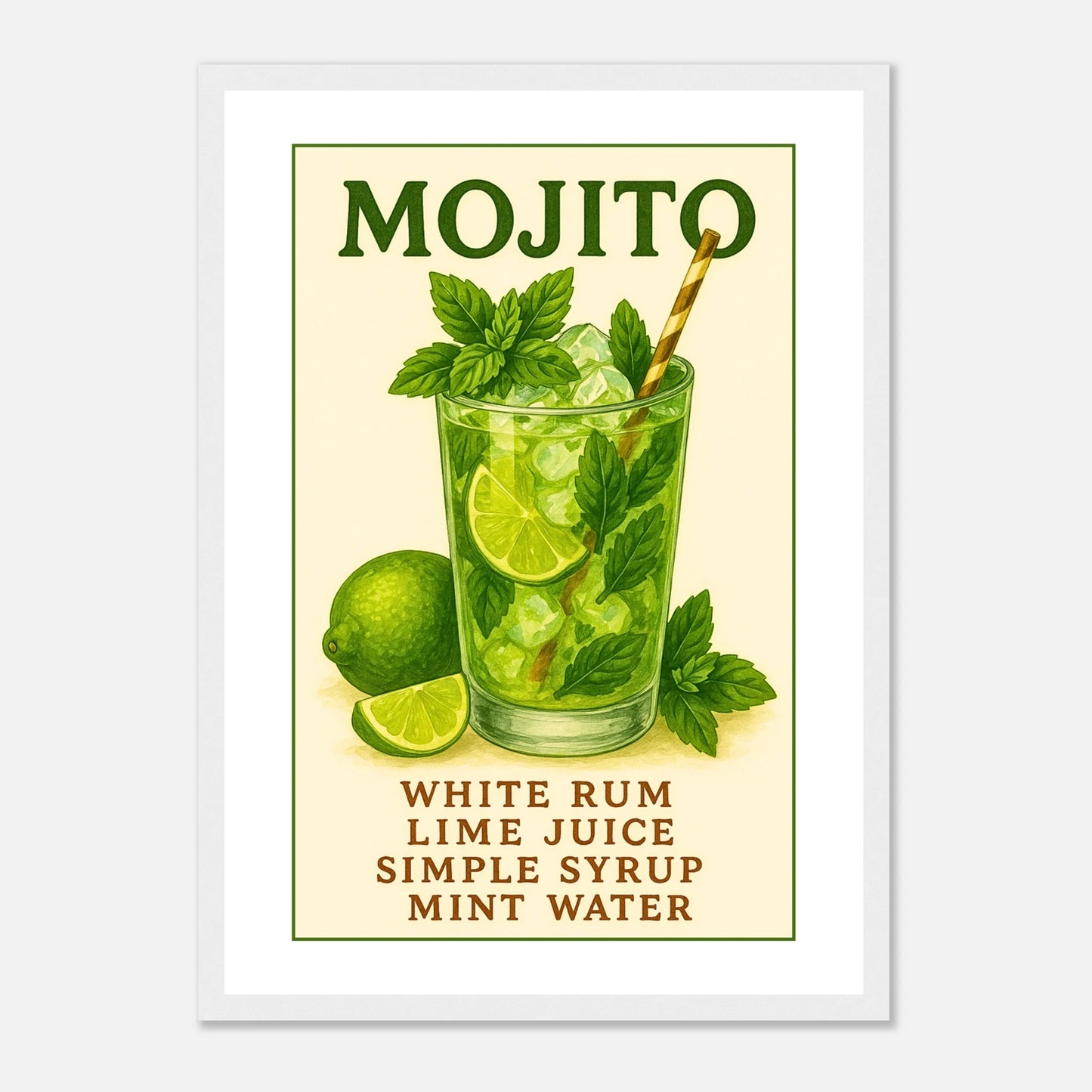 Mojito – Fresh & Classic Poster im weißen Rahmen, frischer Cocktail mit Limetten, Minze und Rum, stilvolles Bar- und Küchenposter im Retrodesign – von Defa Designs.