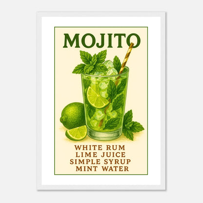 Mojito – Fresh & Classic Poster im weißen Rahmen, frischer Cocktail mit Limetten, Minze und Rum, stilvolles Bar- und Küchenposter im Retrodesign – von Defa Designs.