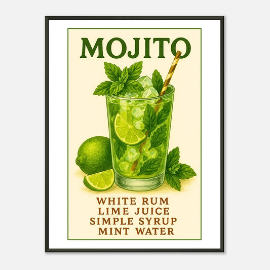 Mojito cocktail wall art poster in black metal frame with lime mint recipe illustration – fresh classic kitchen decor