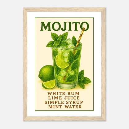 Mojito Poster im hellbraunen Rahmen, tropisches Cocktail-Design mit Rum, Limette und Minze, frisches Sommerposter für Bar, Küche oder Esszimmer – von Defa Designs.