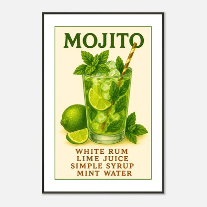 Angled mojito cocktail wall art print in black metal frame with lime and mint illustration