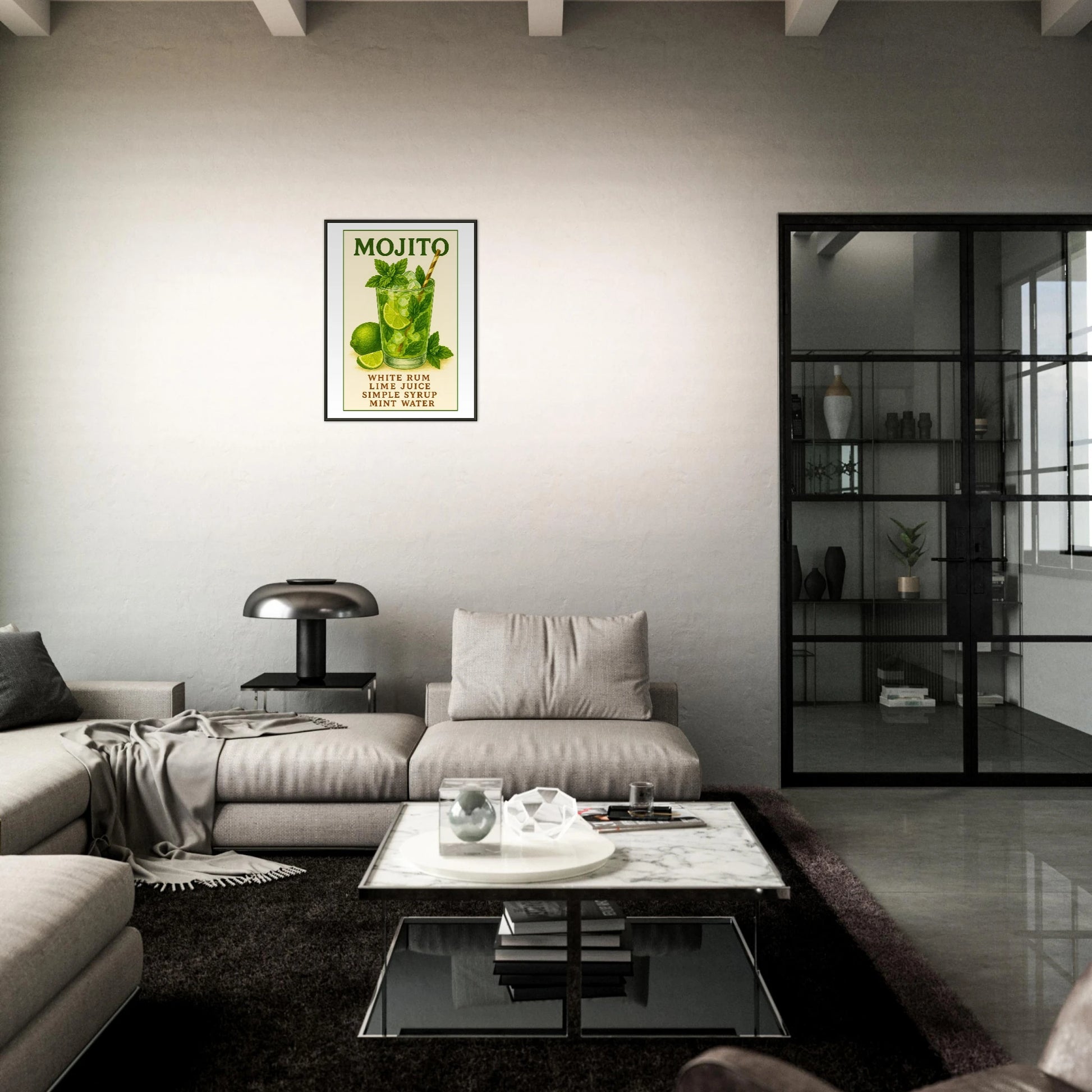 Mojito cocktail poster in black metal frame shown in stylish dark living room interior