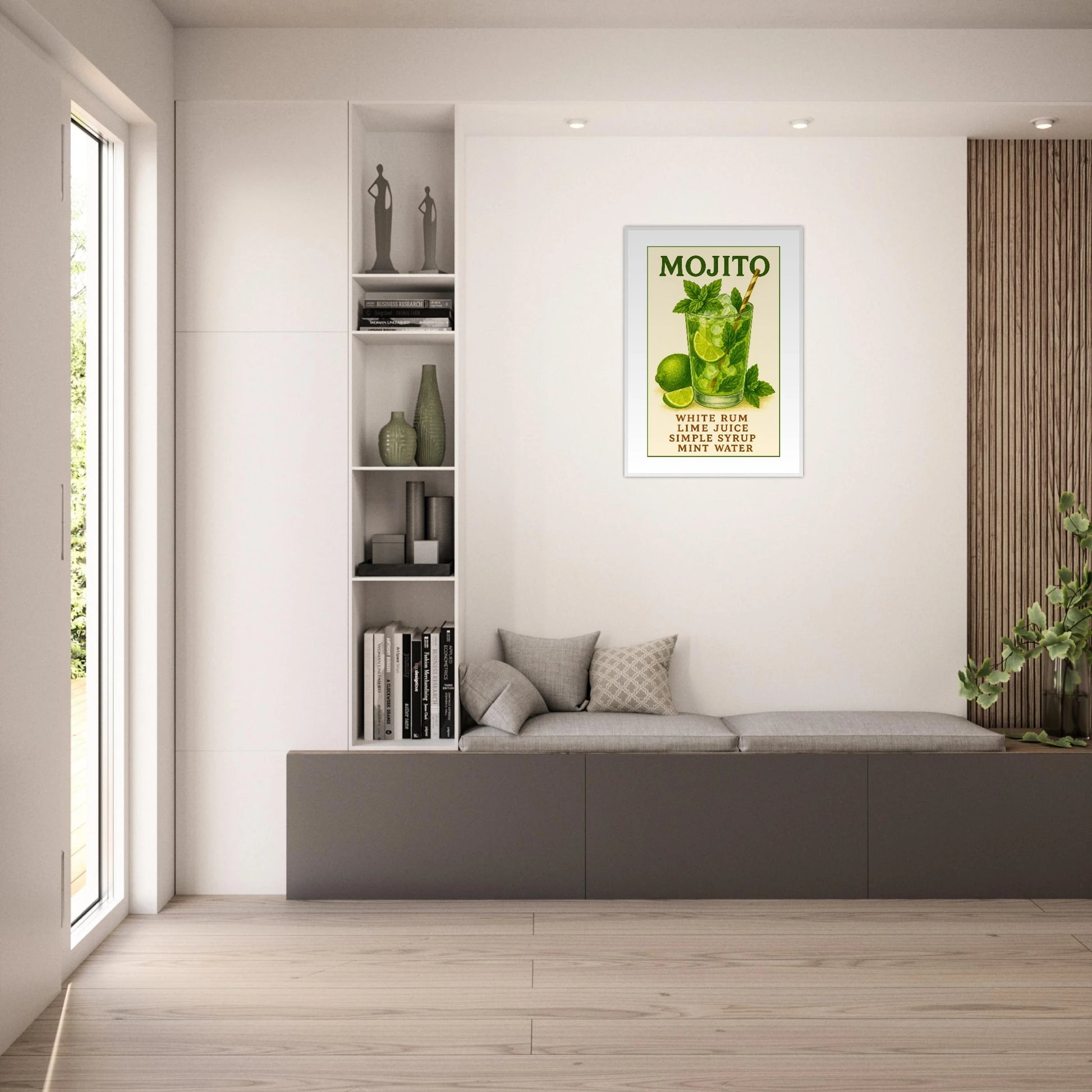 Mojito Wandbild im hellen Wohnzimmer, frischer grüner Cocktail-Print mit Minze, modernes Poster im skandinavischen Stil für stilvolle Raumgestaltung – von Defa Designs.