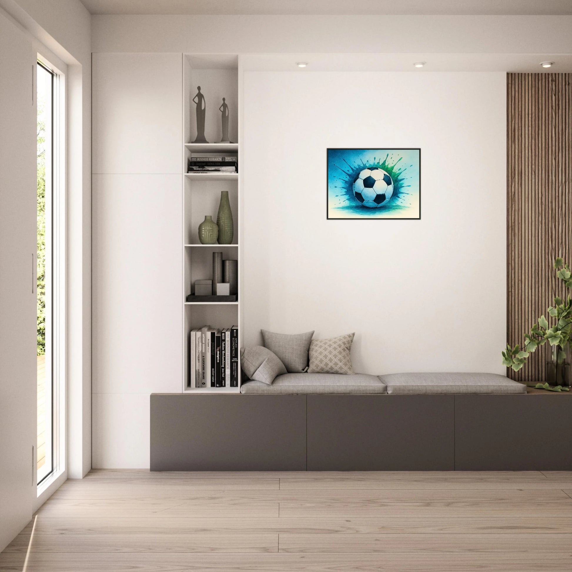 „Momentum – The Heart of Soccer“ Poster im hellen Wohnzimmer – Sportliches Kunstwerk mit blauem Energiedesign | DEFA Designs