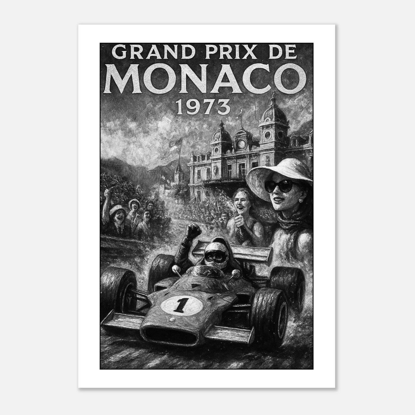 Detailansicht des Monaco Grand Prix 1973 Vintage Formel 1 Posters, hochwertige Druckqualität mit mattem Finish, Motorsport Wandkunst