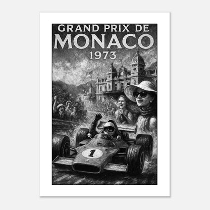 Monaco Grand Prix 1973 Formel 1 Poster, klassisches Motorsport Kunst-Print in Schwarz-Weiß, hochwertige Wandkunst für Wohnzimmer oder Büro