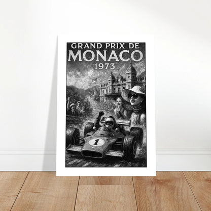 Monaco Grand Prix 1973 Poster, Schwarz-Weiß Motorsport Wandbild in moderner Wohnungseinrichtung, perfektes Geschenk für Rennsportfans