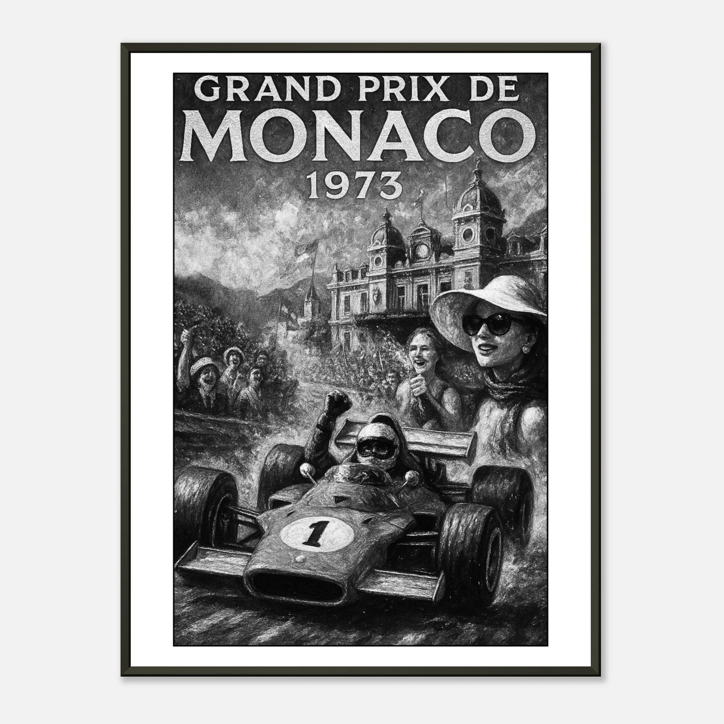 Monaco Victory – 1973 Grand Prix Poster im schwarzen Metallrahmen | Klassisches Formel-1-Rennposter mit Oldtimer-Rennwagen in Monaco | DEFA Designs