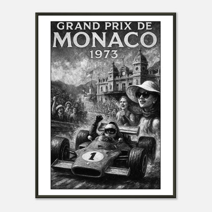 Monaco Victory – 1973 Grand Prix Poster im schwarzen Metallrahmen | Klassisches Formel-1-Rennposter mit Oldtimer-Rennwagen in Monaco | DEFA Designs