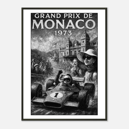 Monaco Victory – 1973 Grand Prix Poster im schwarzen Metallrahmen | Klassisches Formel-1-Rennposter mit Oldtimer-Rennwagen in Monaco | DEFA Designs