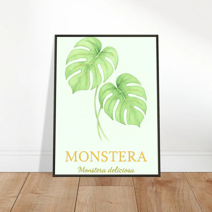 Monstera Poster an die Wand gelehnt – stilvolles botanisches Kunstwerk im schwarzen Metallrahmen, perfekt für moderne Wohnräume.