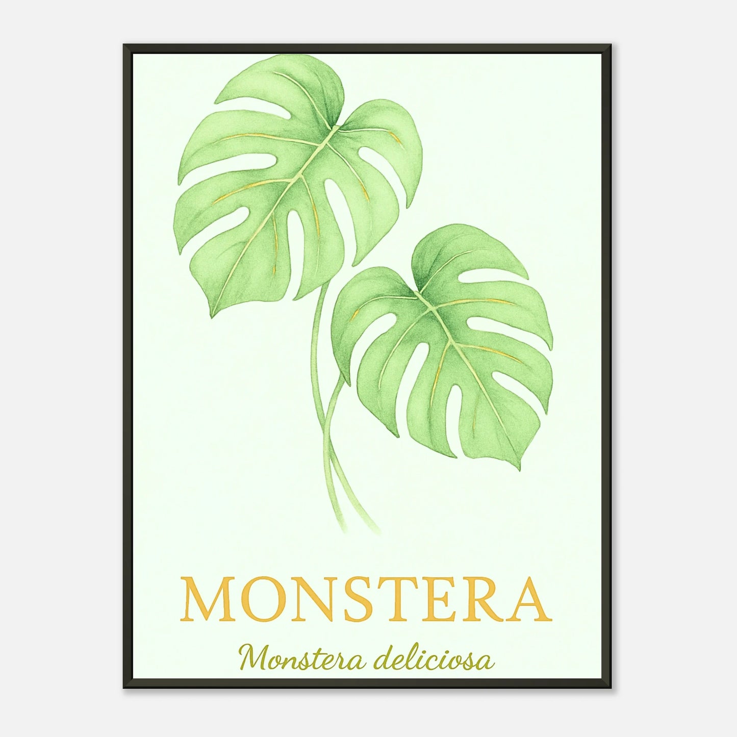 Monstera – Botanical Elegance Poster im schwarzen Metallrahmen mit minimalistischer Pflanzenillustration, elegantes botanisches Wandbild von Defa Designs.