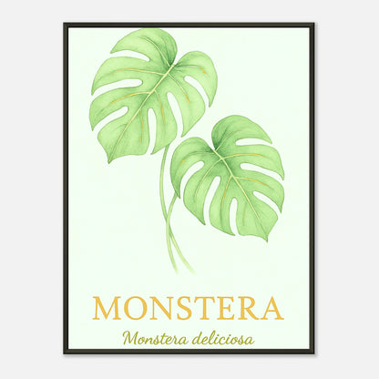 Monstera – Botanical Elegance Poster im schwarzen Metallrahmen mit minimalistischer Pflanzenillustration, elegantes botanisches Wandbild von Defa Designs.