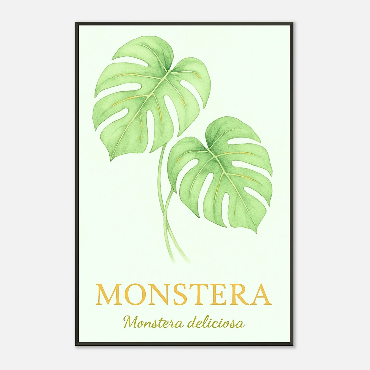 Seitenansicht des Monstera Posters – eleganter schwarzer Metallrahmen und glasklare Plexiglasoberfläche, modernes Pflanzenkunstwerk.