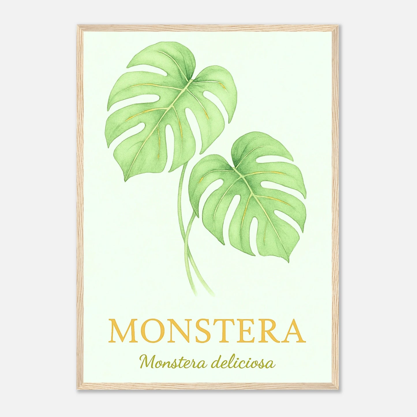 Monstera Poster mit hellbraunem Holzrahmen – elegantes Pflanzenbild für Wohnzimmer und Büro
