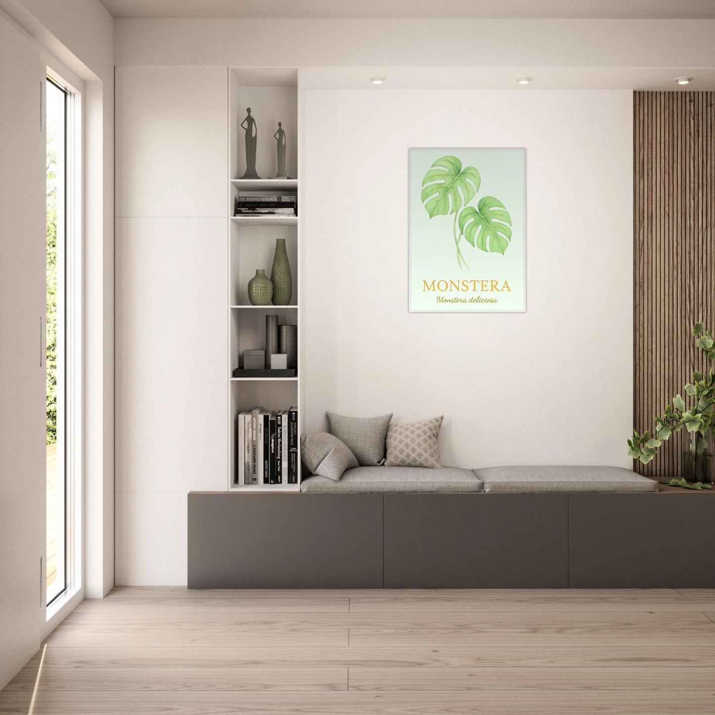 Monstera Poster – stilvolles Pflanzenmotiv aufgehängt an heller Wand im Wohnzimmer