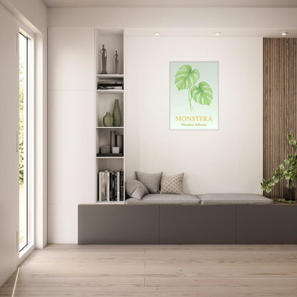 Monstera Poster – stilvolles Pflanzenmotiv aufgehängt an heller Wand im Wohnzimmer