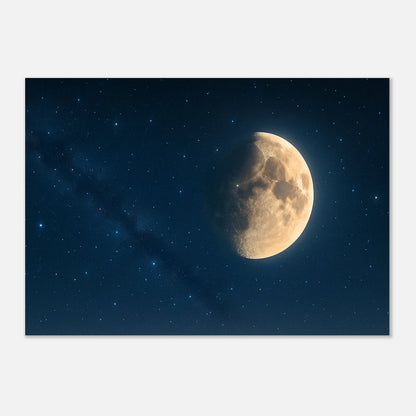 „Lunar Silence – Under a Starlit Sky“ Poster – Mond vor tiefblauem Nachthimmel mit Sternen, ungerahmt, Premium-Qualität.