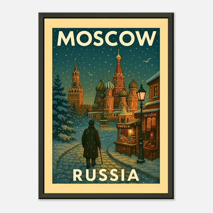 Moscow city vintage poster in black metal frame with historic architecture and retro travel artwork