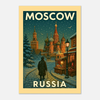 Moscow Poster mit Rahmen – Retro Wandkunst im Vintage-Stil mit St. Basil’s Cathedral, winterlicher Kunstdruck