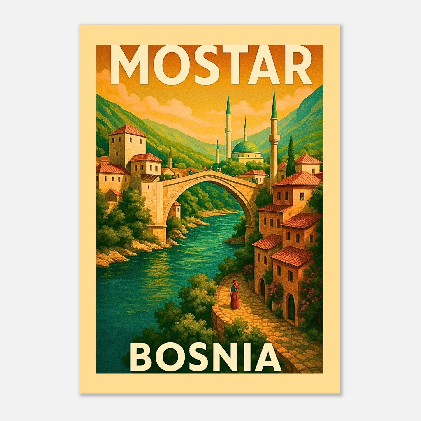Mostar Poster mit Rahmen – Retro Wandkunst im Vintage-Stil, Kunstdruck mit Stari Most Brücke