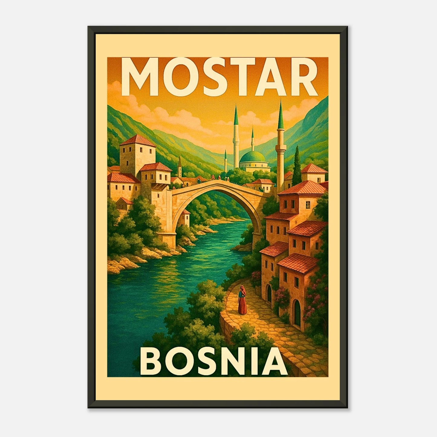 Mostar Bosnia travel poster in black metal frame featuring historic bridge, riverside houses and warm sunset tones