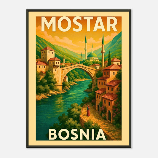 Vintage Mostar Bosnia wall art poster in black metal frame with iconic stone bridge, emerald river and classic travel illustration style