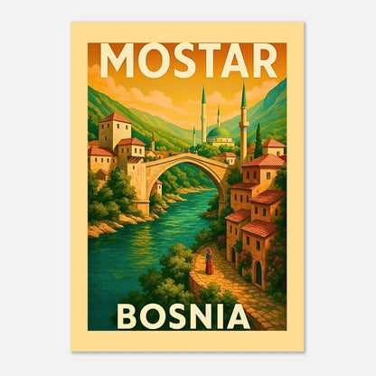 Vintage Mostar Poster – Kunstdruck mit Altstadt und Stari Most Brücke, detailreiche Wandkunst im Retro-Stil
