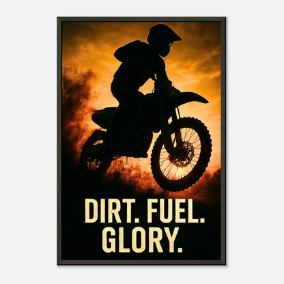 Motocross Art Print – Dirt. Fuel. Glory. | Kraftvolles Poster mit Motorradfahrer und staubiger Atmosphäre im schwarzen Metallrahmen | DEFA Designs