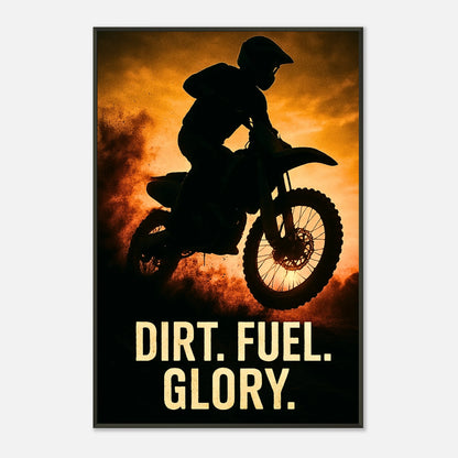 Motocross Poster „Dirt. Fuel. Glory.“ | Motorsport Wandkunst im schwarzen Metallrahmen mit Fahrer-Silhouette und oranger Flamme | DEFA Designs