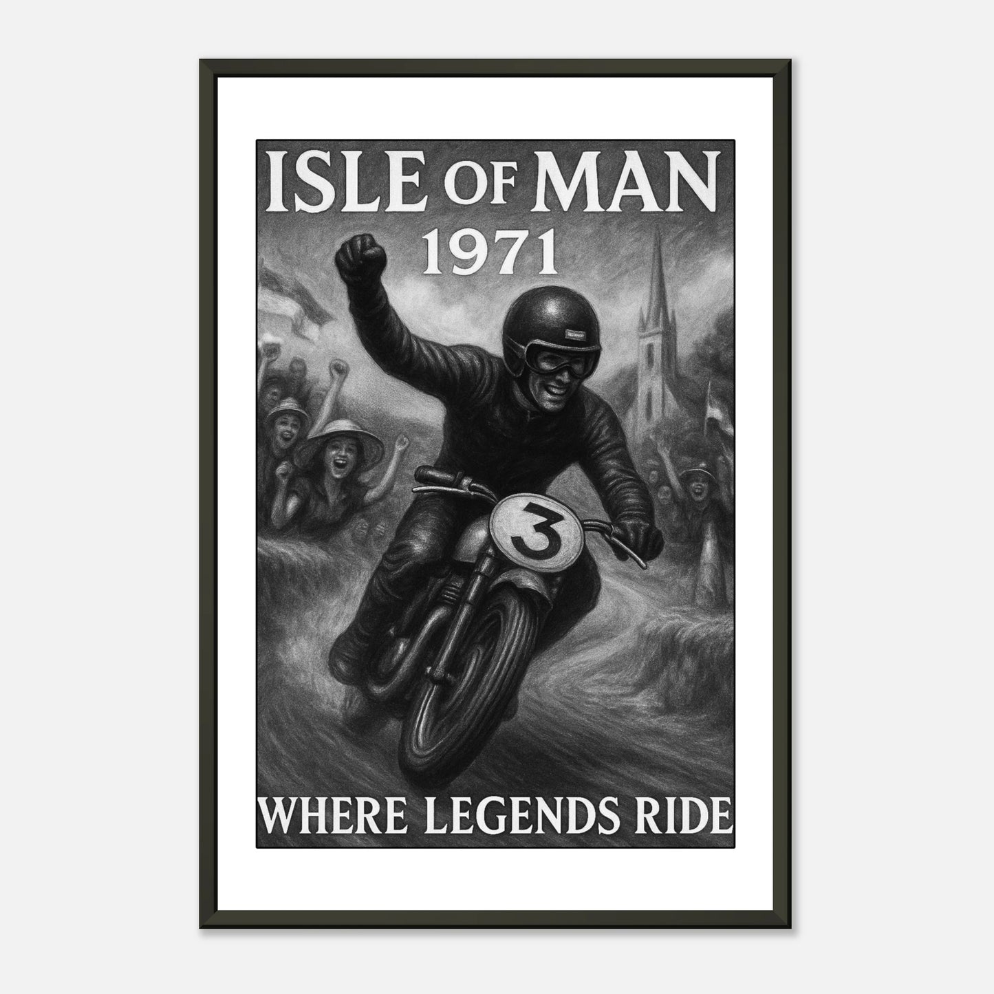 Klassisches Motorrad Poster „Isle of Man 1971“ im schwarzen Rahmen – Hommage an die goldene Ära des Motorsports | DEFA Designs