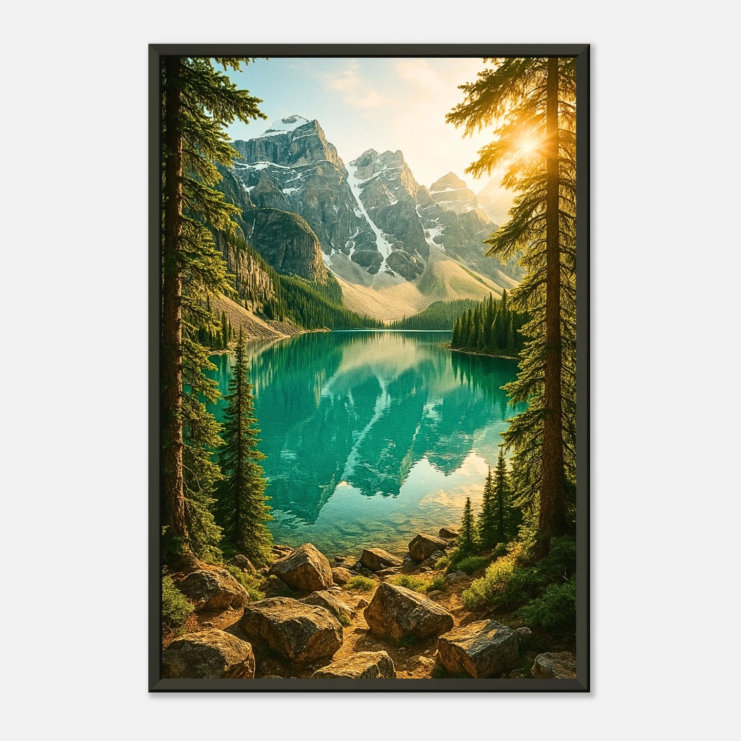 Detailaufnahme des Mountain Reflections Posters – klare Spiegelung der Berge im See, leuchtende Grüntöne und goldene Lichtreflexe.