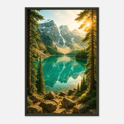 Detailaufnahme des Mountain Reflections Posters – klare Spiegelung der Berge im See, leuchtende Grüntöne und goldene Lichtreflexe.