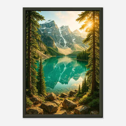 Mountain Reflections Poster in schräger Ansicht – beeindruckende Bergkulisse, goldene Sonne im Hintergrund, schwarzer Metallrahmen von Defa Designs.
