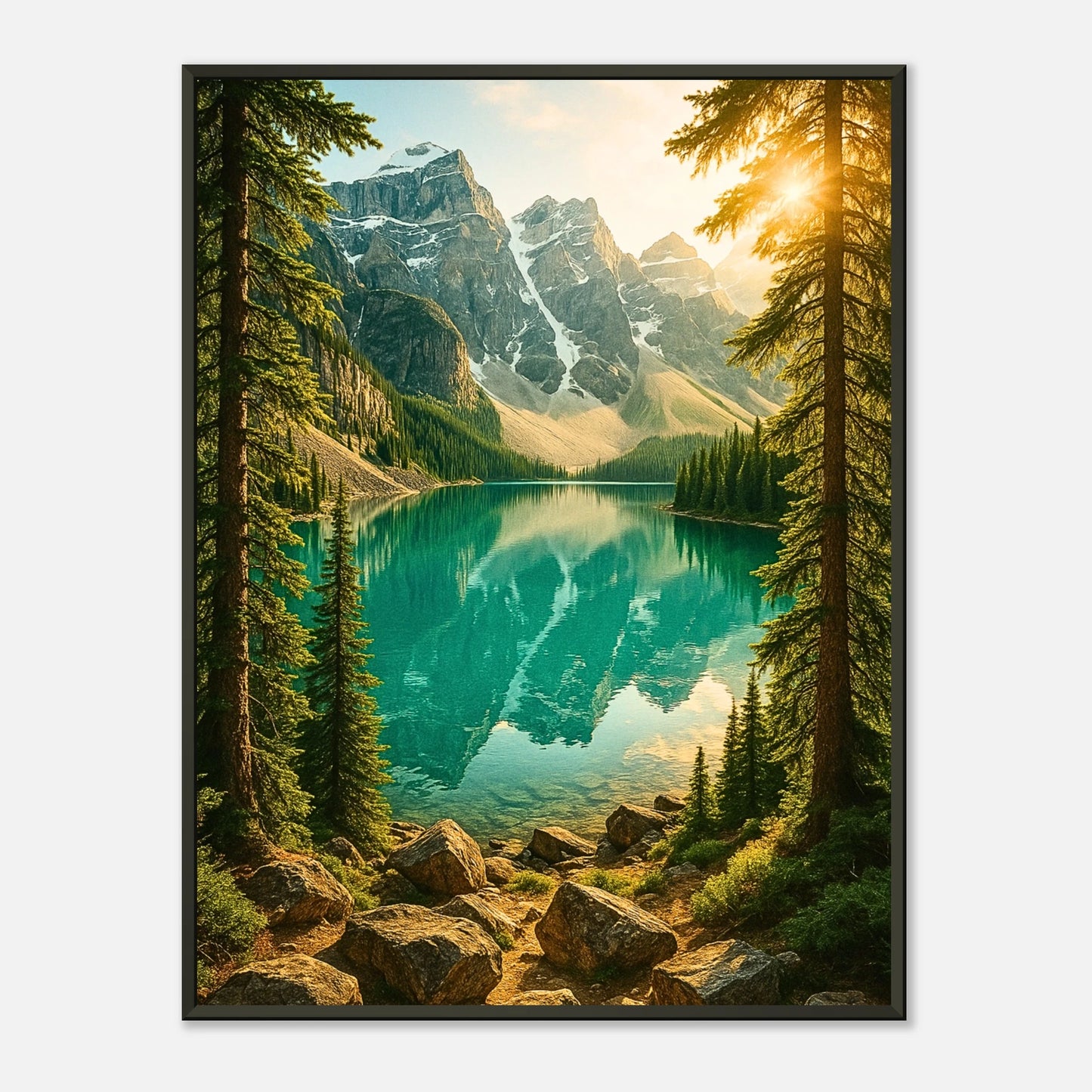 Mountain Reflections Poster – majestätische Berglandschaft mit türkisblauem See im eleganten schwarzen Metallrahmen. Naturkunst von Defa Designs.