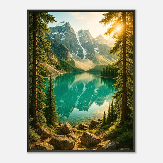 Mountain Reflections Poster – majestätische Berglandschaft mit türkisblauem See im eleganten schwarzen Metallrahmen. Naturkunst von Defa Designs.