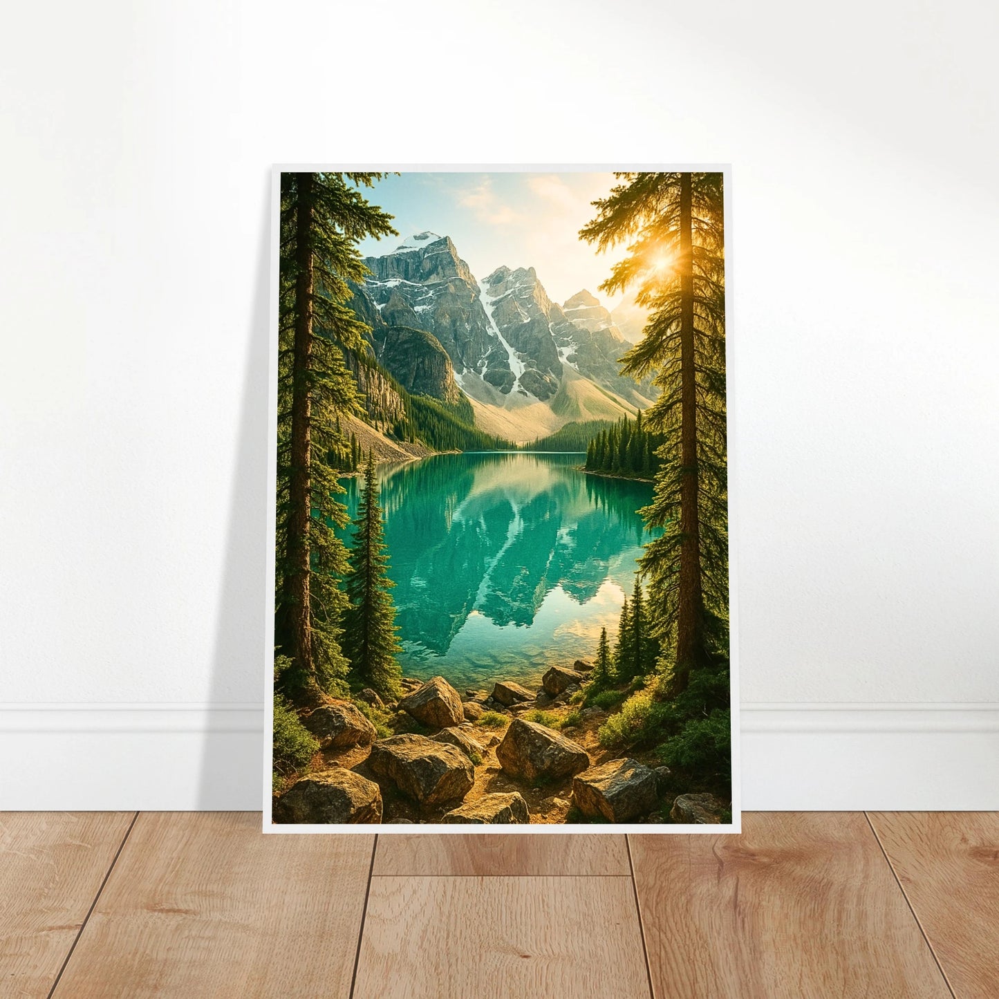 Mountain Reflections Poster – Bergsee Landschaft mit Spiegelung, angelehnt an Wand, moderne Raumgestaltung