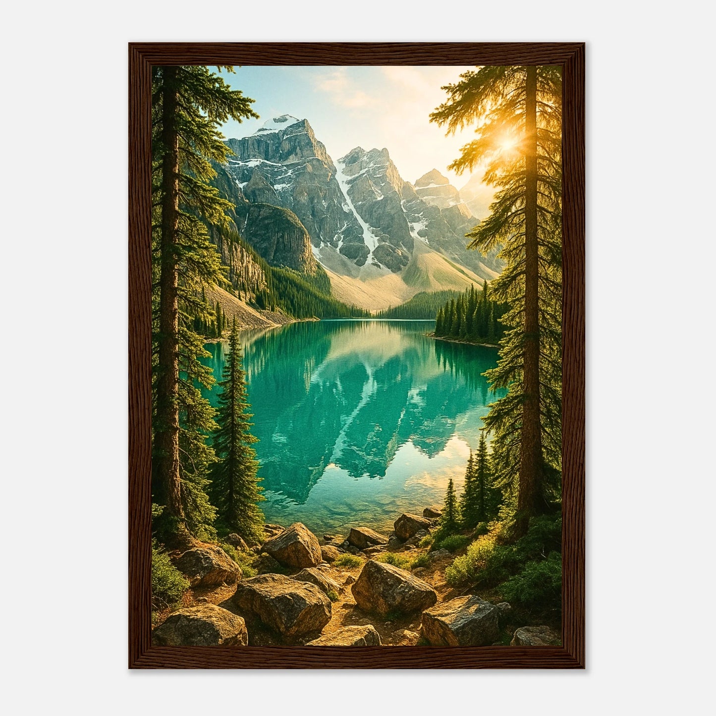 Mountain Reflections Poster mit dunkelbraunem Holzrahmen – Bergsee Landschaft in luxuriöser Rahmung